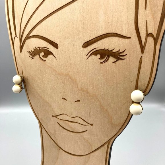 Minimalist Vintage Double Drop Earrings, Basic White Plastic Beads in Gold Tone - Picture 5 of 5